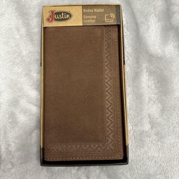 Justin Men's Rodeo Wallet Brown Suede Genuine Leather RFID Checkbook Western - Picture 1 of 9